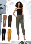Army-green cargo pants with elastic cuffs and multiple front pockets