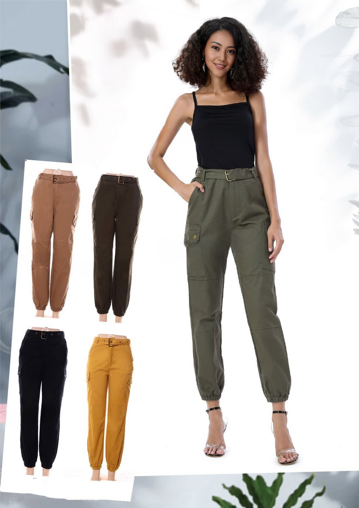 Army-green cargo pants with elastic cuffs and multiple front pockets