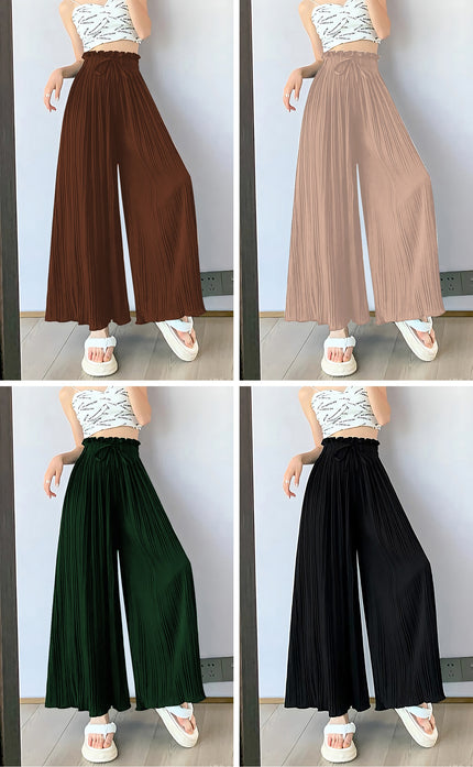 Women's High-Waist Pleated Pants with Bow Tie Detail and Elastic Waistband