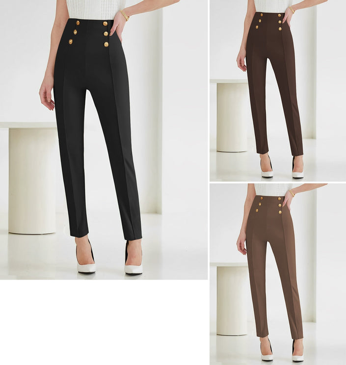 High-waist pants with gold button detail, dark