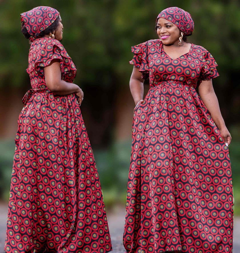 Puff Sleeve Printed Full-Length Dress