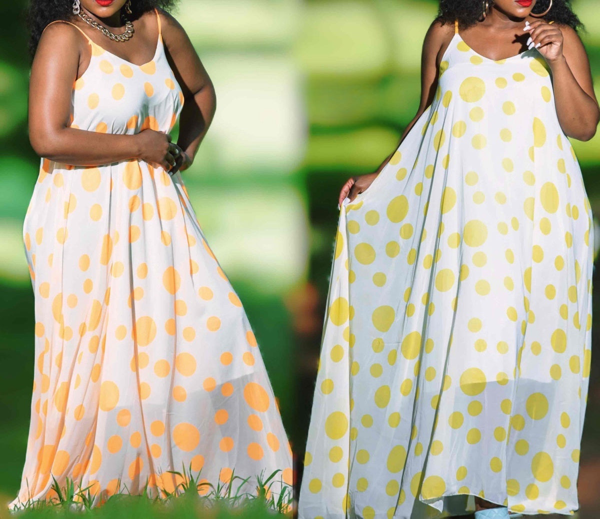 Sleeveless polka dot maxi dress with adjustable fit, white with yellow dots