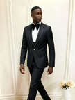 Mens slim-fit black tuxedo suit with satin bow tie, vest, and dress trousers