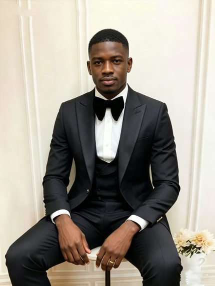 Mens black tuxedo suit with bow tie, satin vest, and matching slim trousers