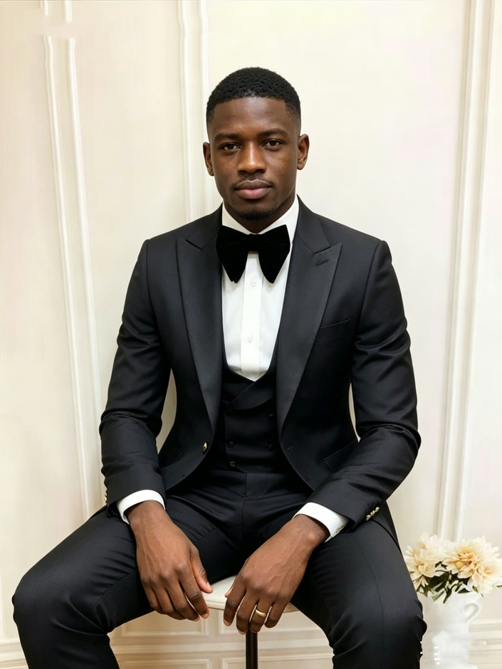 Mens black tuxedo suit with bow tie, satin vest, and matching slim trousers