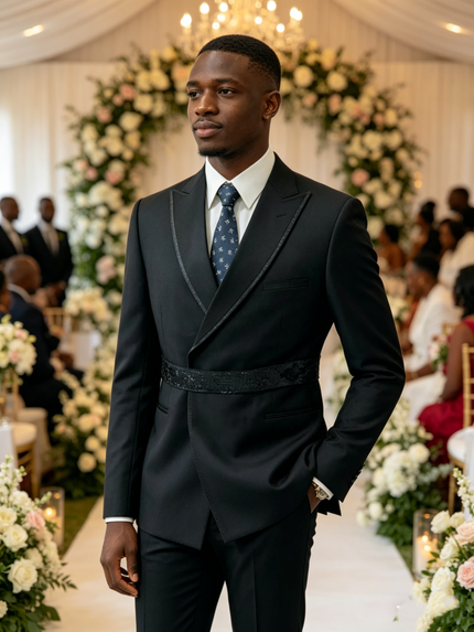 Black tuxedo jacket with satin peak lapels and black satin waist trim