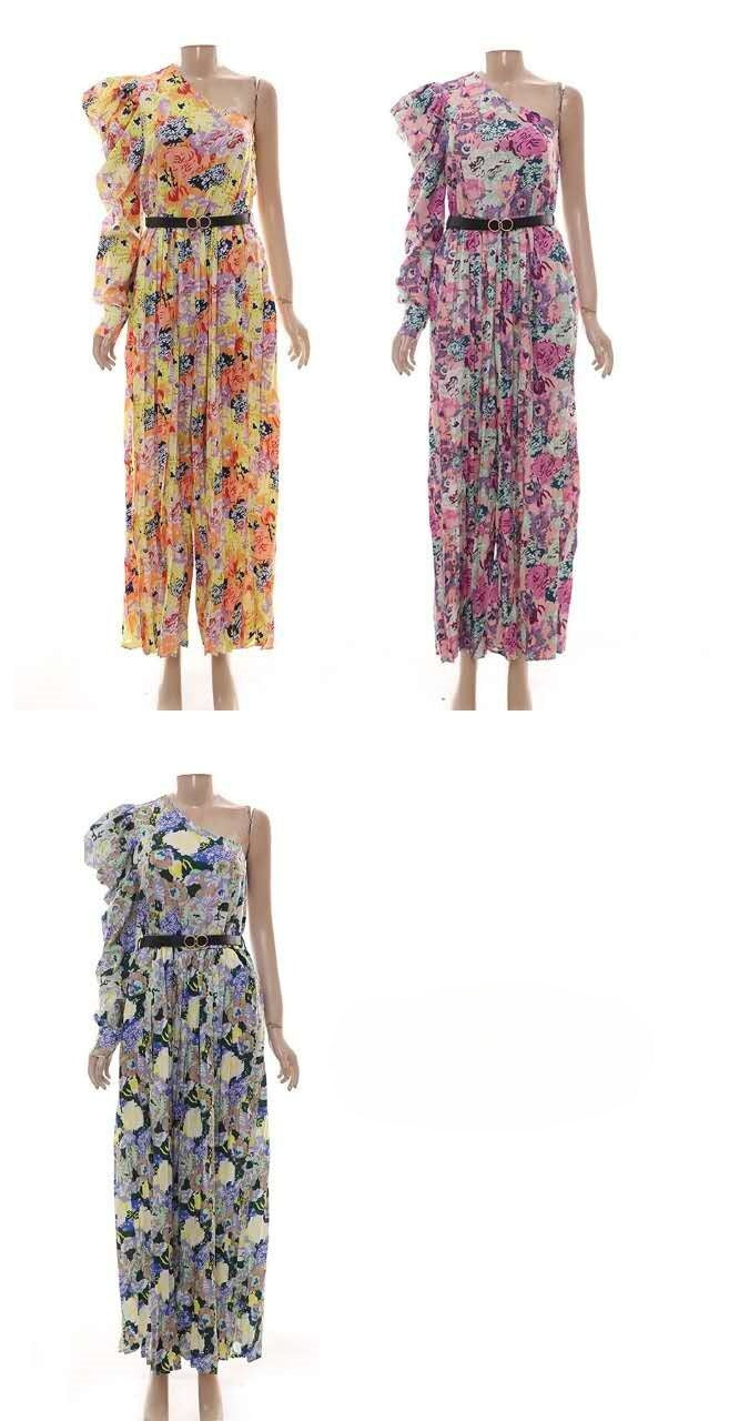 Floral one-shoulder ruffle jumpsuit in yellow, pink, and blue on mannequins.