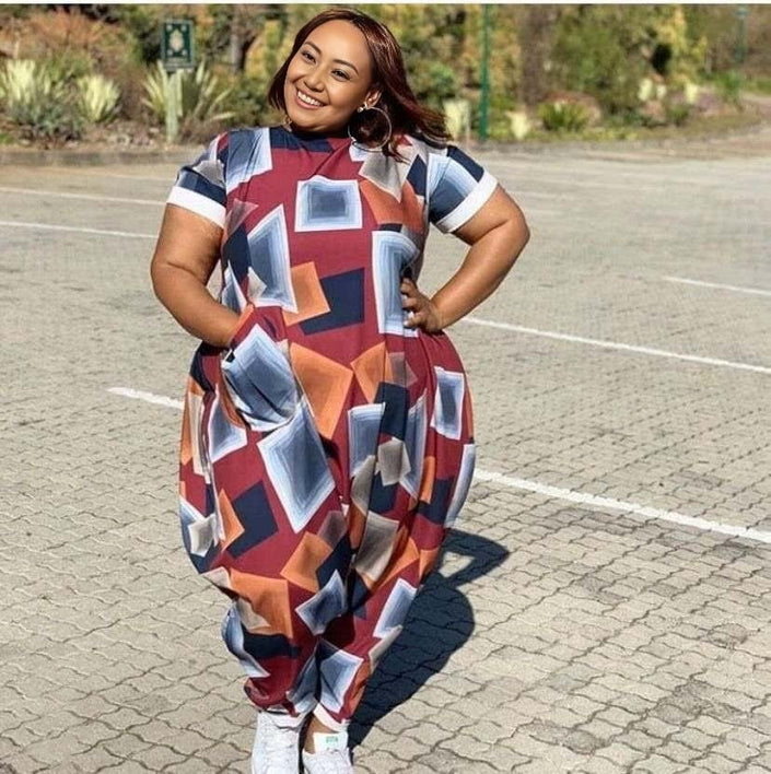 Women's Geometric Block Pattern Loose-Fit Jumpsuit with Short Sleeves