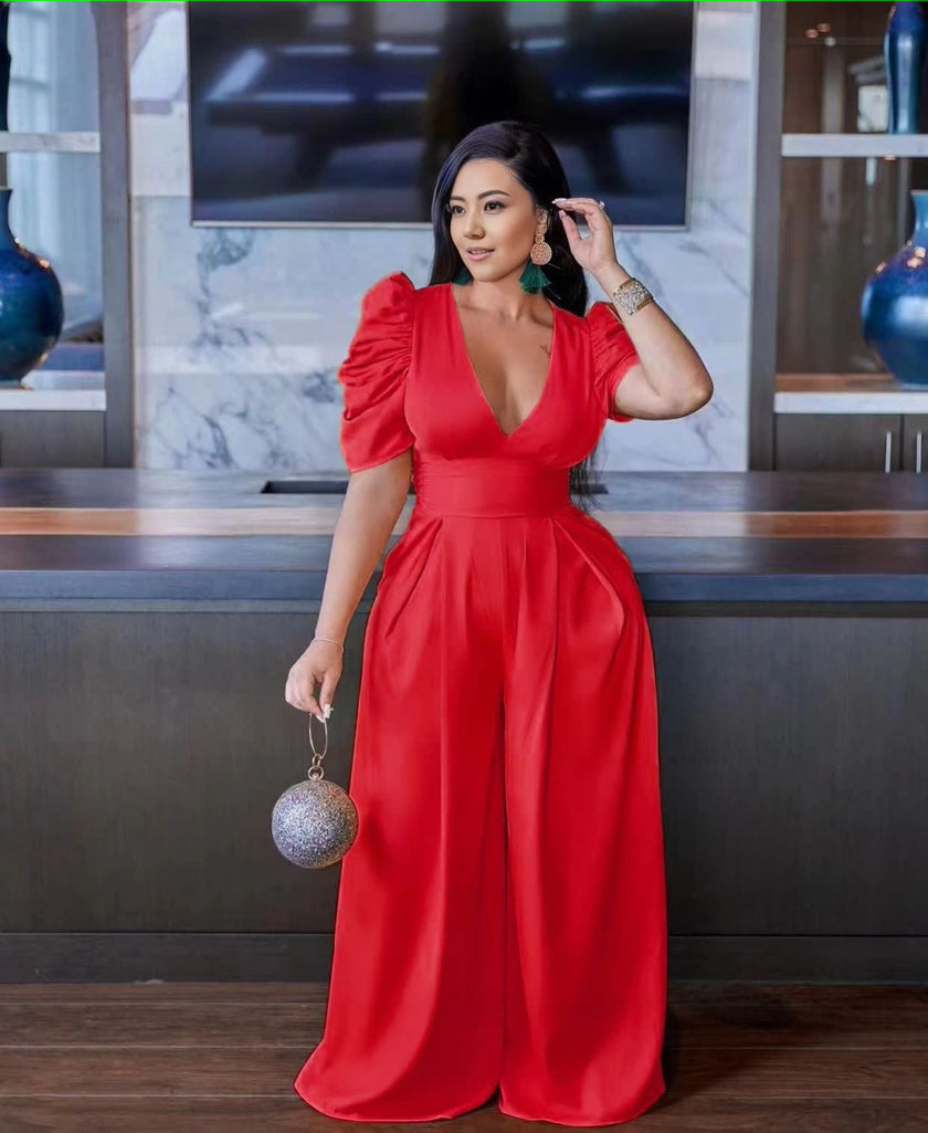 Red puff-sleeve V-neck wide-leg jumpsuit with gathered waist