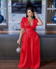 V-Neck Jumpsuit with Puff Sleeves and Wide-Leg Design