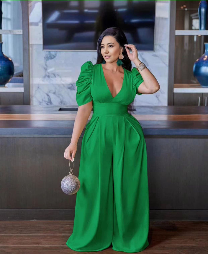 Green puff-sleeve V-neck wide-leg jumpsuit with gathered waist