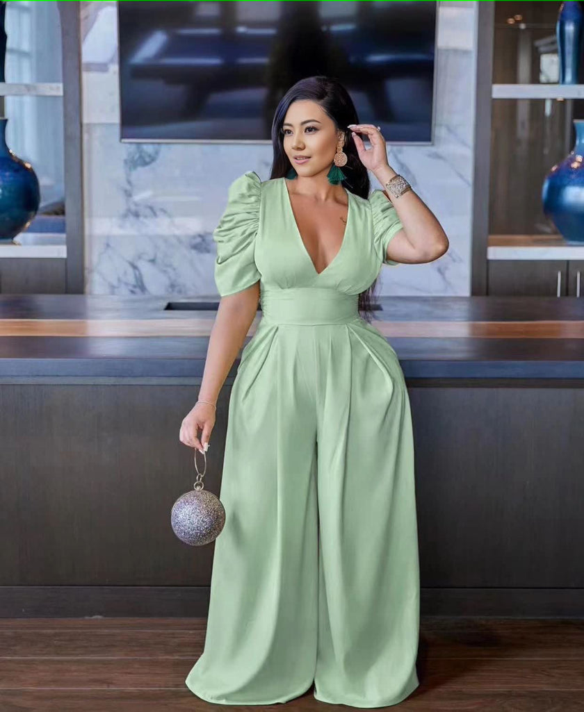 Light-green puff-sleeve V-neck wide-leg jumpsuit with gathered waist