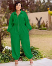 Green collared long-sleeve jumpsuit with front zipper and elastic waist