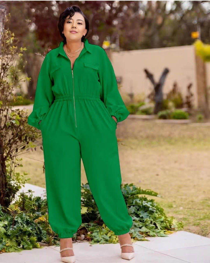 Green collared long-sleeve jumpsuit with front zipper and elastic waist
