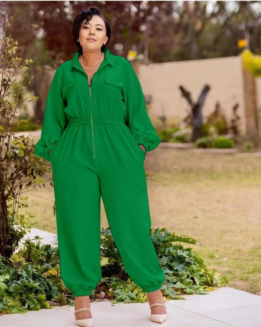 Green collared long-sleeve jumpsuit with front zipper and elastic waist