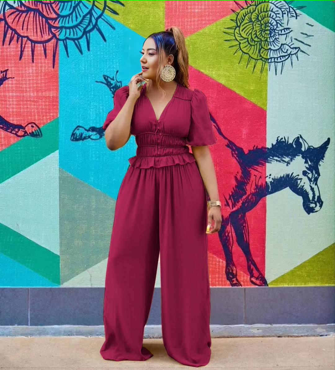 Maroon V-neck puff-sleeve stretch-waist jumpsuit with wide legs