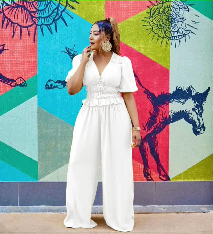 White V-neck puff-sleeve stretch-waist jumpsuit with wide legs