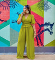 Green-yellow V-neck puff-sleeve stretch-waist jumpsuit with wide legs