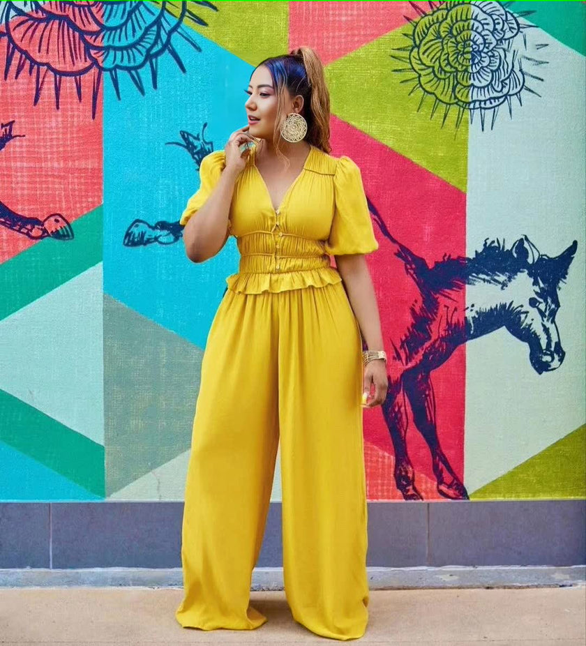 Yellow V-neck puff-sleeve stretch-waist jumpsuit with wide legs