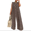 Sleeveless geometric wide-leg jumpsuit in black and beige, wide pants