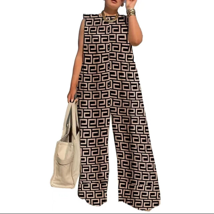 Sleeveless geometric wide-leg jumpsuit in black and beige, wide pants
