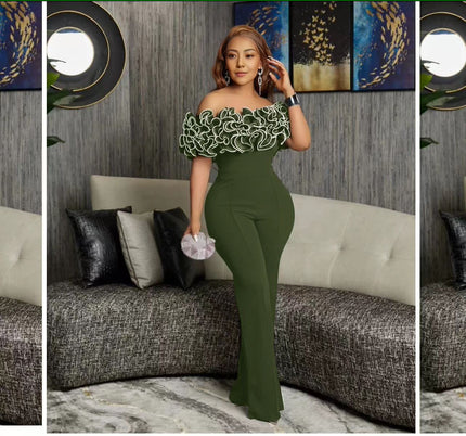 Off-Shoulder Lace Bodice Jumpsuit with Straight-Leg Design