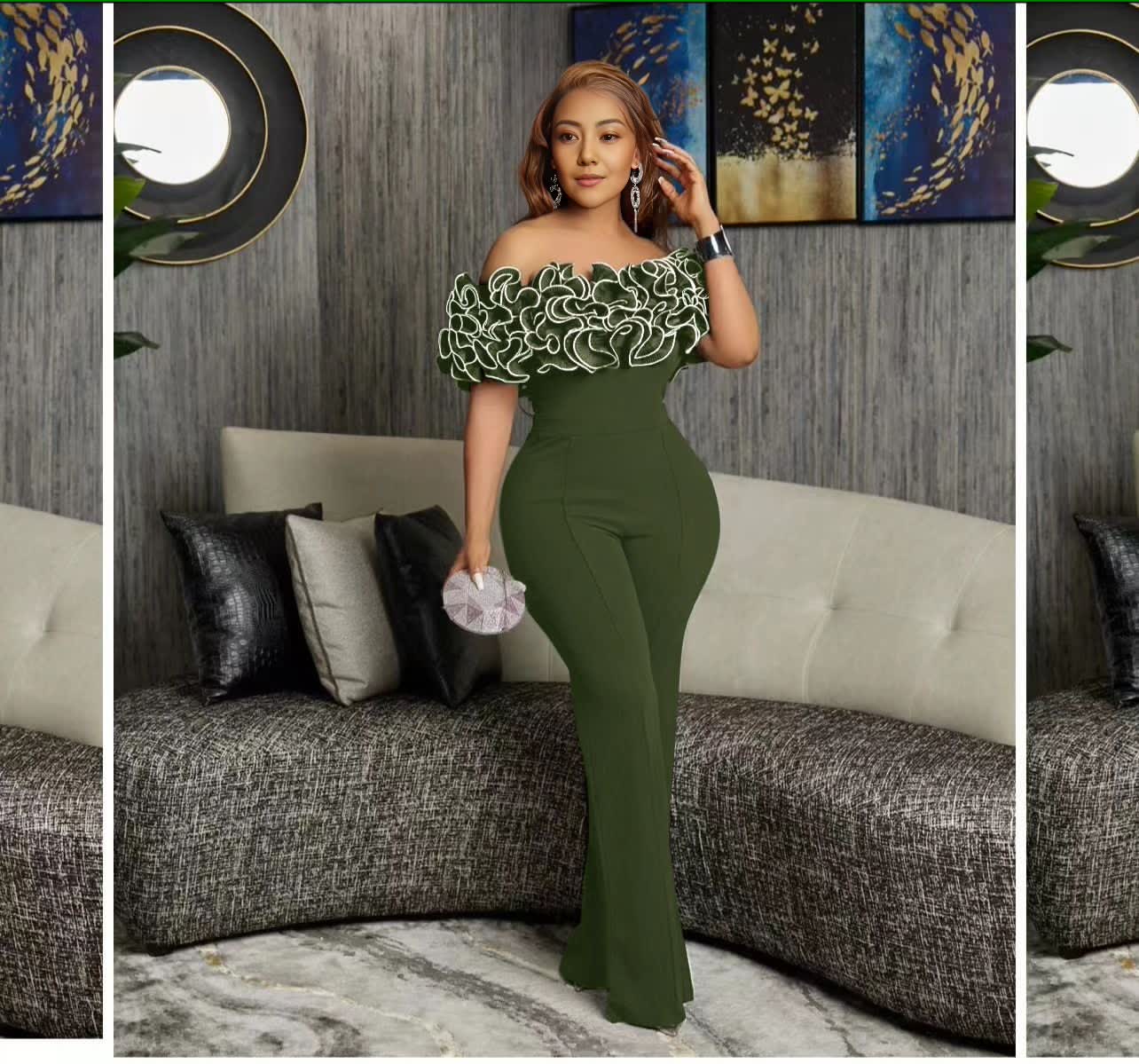 Off-shoulder lace jumpsuit, olive green straight-leg pants