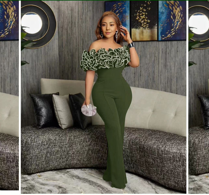 Off-shoulder lace jumpsuit, olive green straight-leg pants