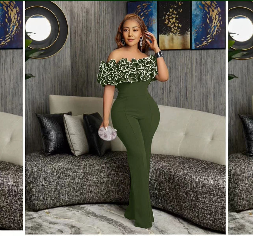 Off-shoulder lace jumpsuit, olive green straight-leg pants