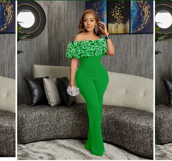 Off-shoulder lace jumpsuit, lime green straight-leg pants