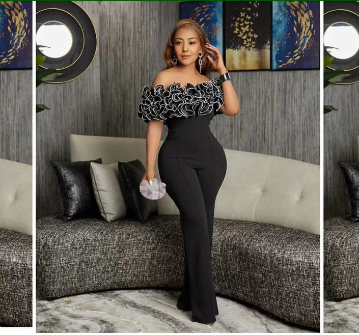 Off-shoulder lace jumpsuit, black straight-leg pants