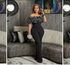 Off-shoulder lace jumpsuit, black straight-leg pants