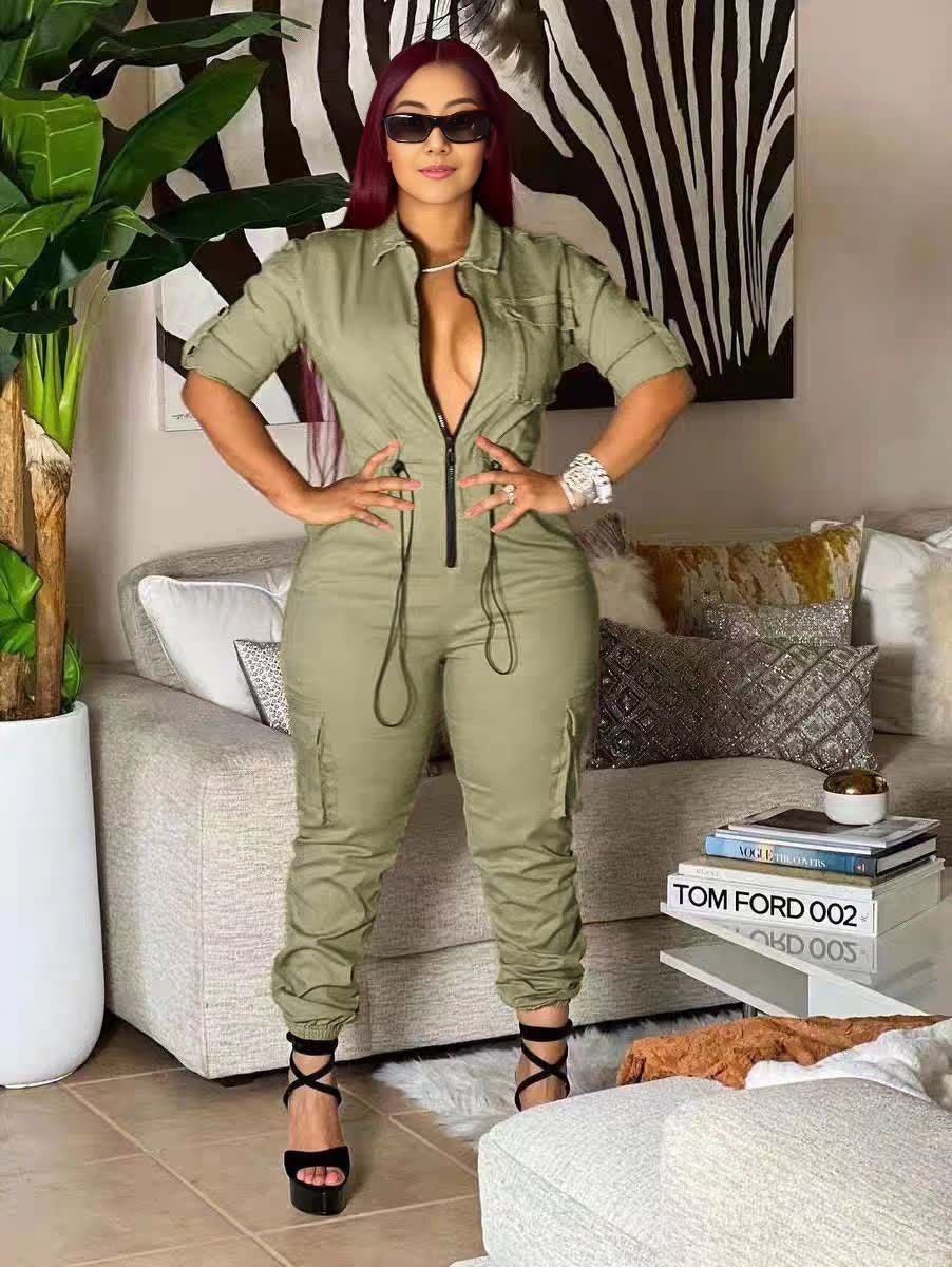 Zip-front Jumpsuit in dark-olive-green, cinched stretch waist with drawcord