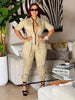Zip-front Jumpsuit in Beige, cinched stretch waist with drawcord ties