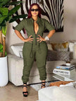 Zip-front Jumpsuit in dark-sea-green, cinched stretch waist with drawcord ties