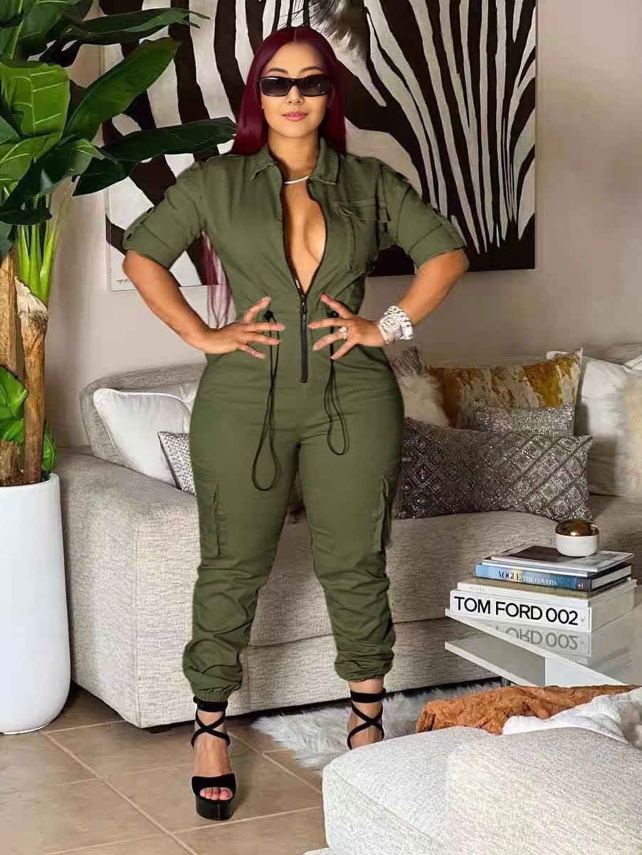 Zip-front Jumpsuit in dark-sea-green, cinched stretch waist with drawcord ties