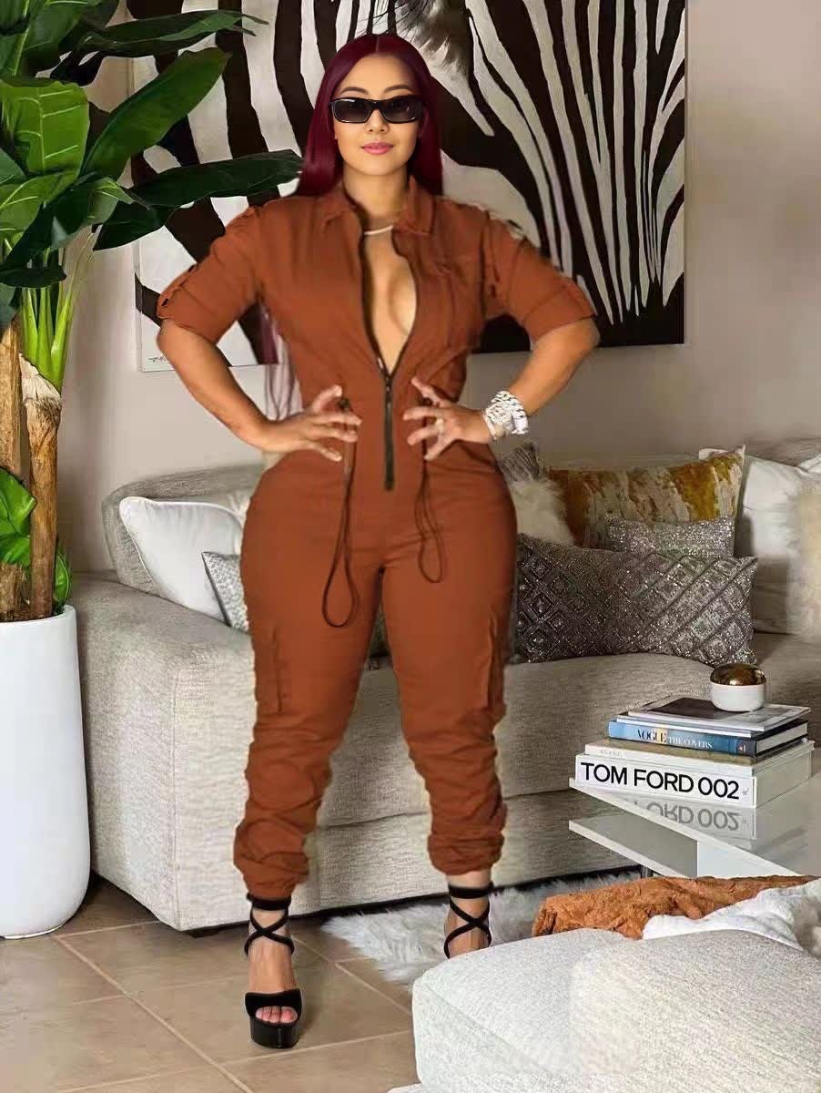 Zip-front Jumpsuit in Brown, cinched stretch waist with drawcord ties