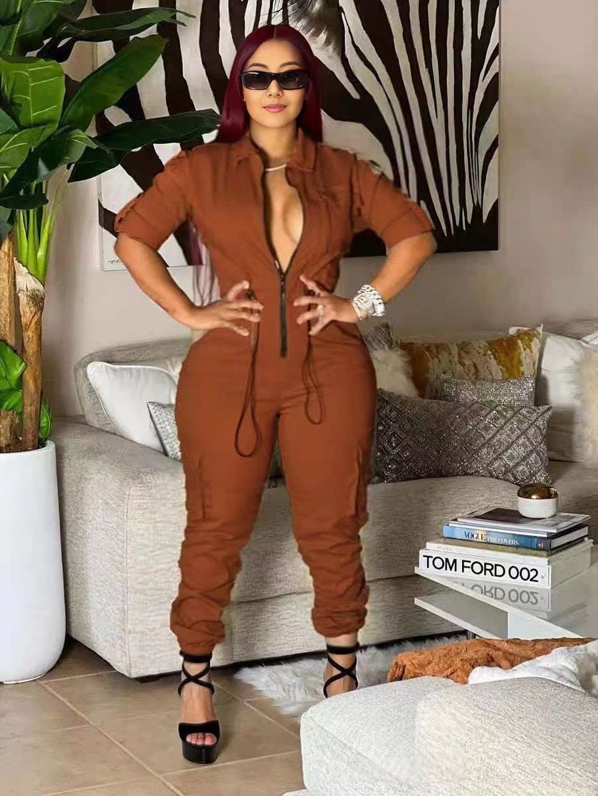 Zip-front Jumpsuit in Brown, cinched stretch waist with drawcord ties