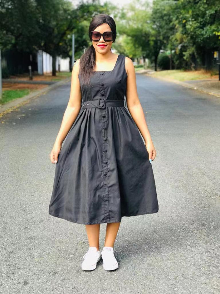 Black sleeveless midi dress with belt and button front