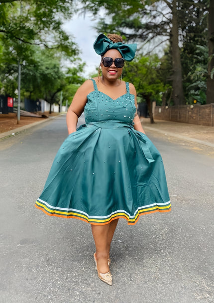 Traditional Flared Dress with Matching Patterned Head Accessory