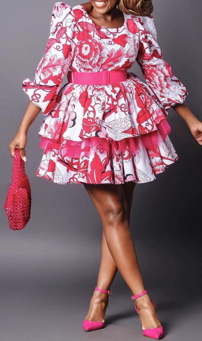 Hot-pink floral mini dress with puff sleeves and layered ruffle skirt