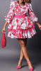 Hot-pink floral mini dress with puff sleeves and layered ruffle skirt