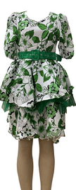 Green-and-white floral mini dress with puff sleeves, layered ruffle skirt