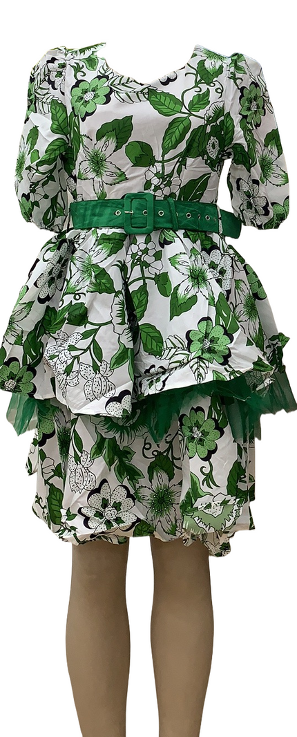 Green-and-white floral mini dress with puff sleeves, layered ruffle skirt