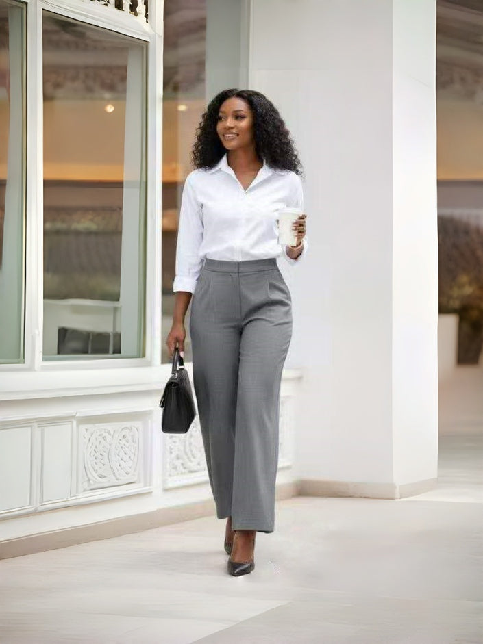 Pants High-Waist Straight-Leg Button Detail Urban Casual Scene