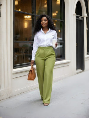 Pants High-Waist Straight-Leg Button Detail Urban Casual Scene