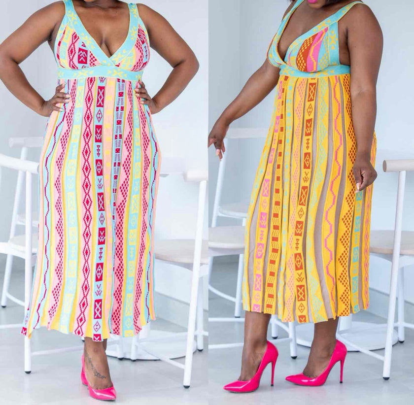 Geometric Tribal Pattern V-Neck Spaghetti Strap Knit Dress