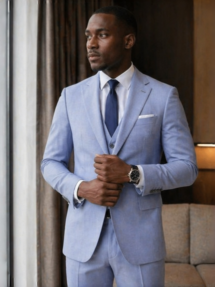 Light blue slim-fit three-piece suit with vest, dress shirt, and navy tie