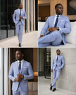 Light blue three-piece slim-fit suit, navy tie, notch lapels, and vest