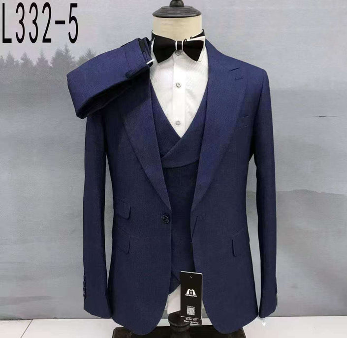Navy three-piece men's suit with single-breasted jacket, notched lapels, and matching vest